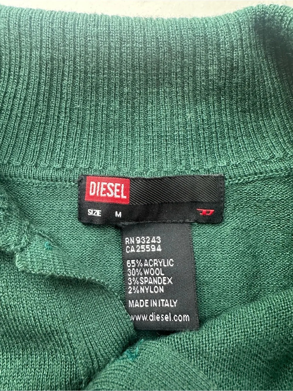 Vintage Diesel Made In Italy Wool Blend Knit Polo Sweater Green Medium EUC